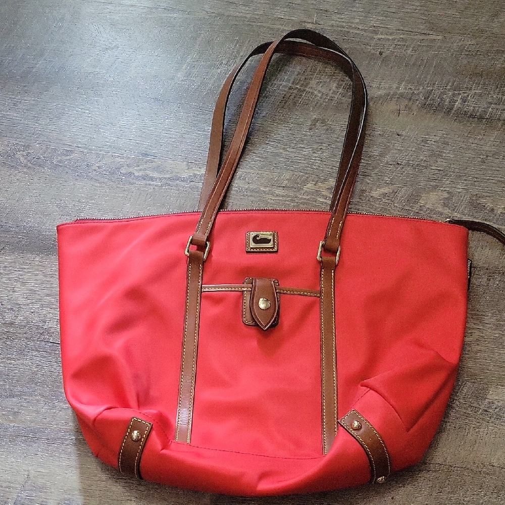Dooney and Bourke Red Tote Bag with Brown Accents
